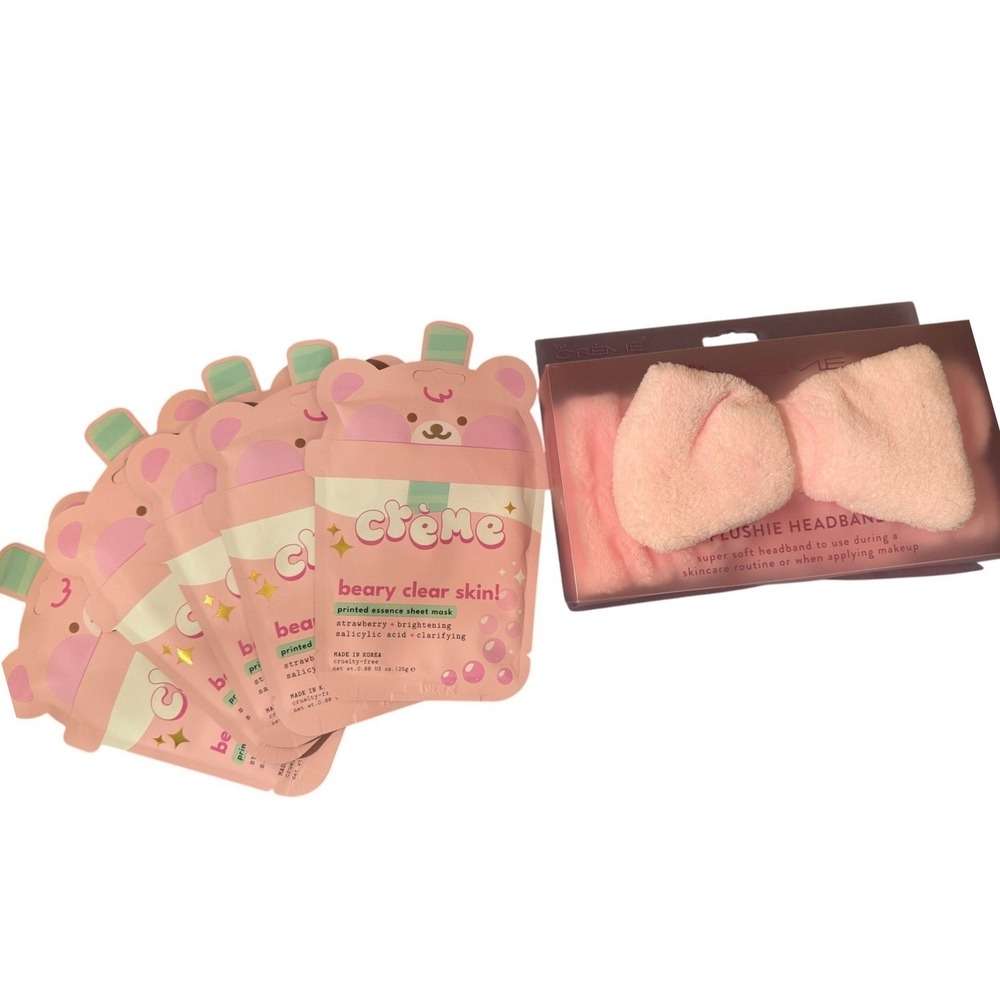 The Crème Shop Headband Plush Pink + 5 Beary Clear Skin Sheet Masks NWT Bundle